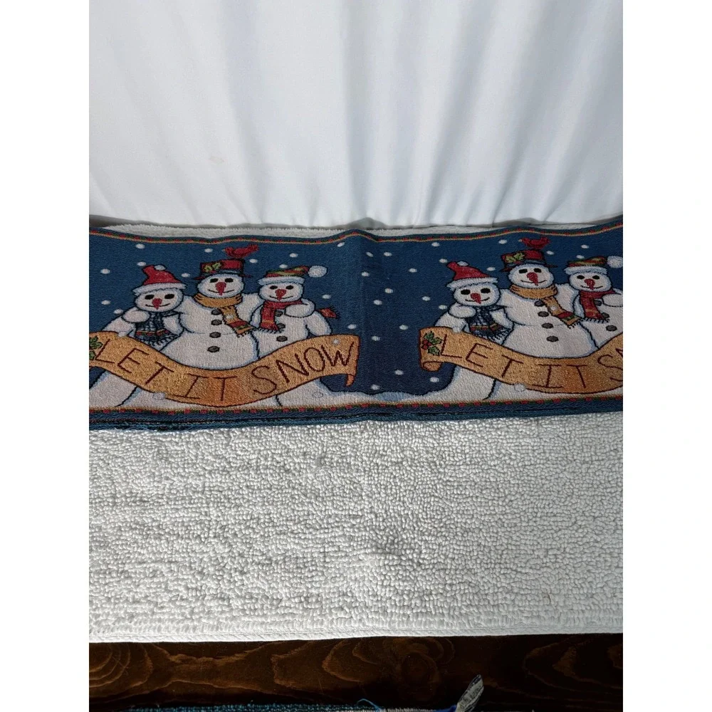 VTG Winter Snowman Tapestry Table Runner & Pot Holder Set Christmas Holiday 5 pc